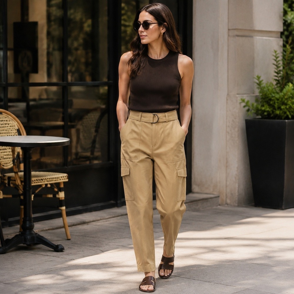 Banana Republic Voyage Cargo Pants Womens 8 Khaki Belted Tapered Pleated